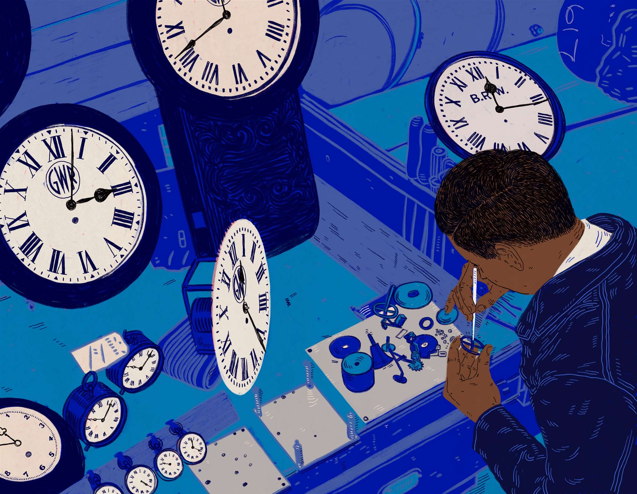 Anna Higgie, Vibrant blue illustration of a clock maker. 